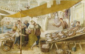 リアルト橋の階段にある魚市場 作： Myles Birket Foster